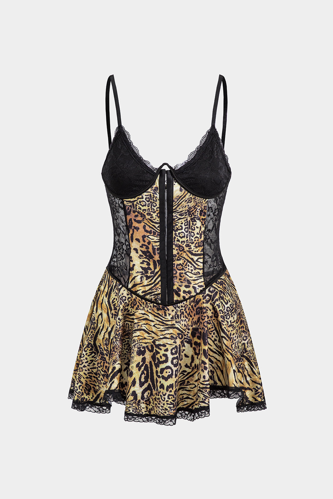 Leopard Print Lace Patchwork Backless Slip Mini Dress