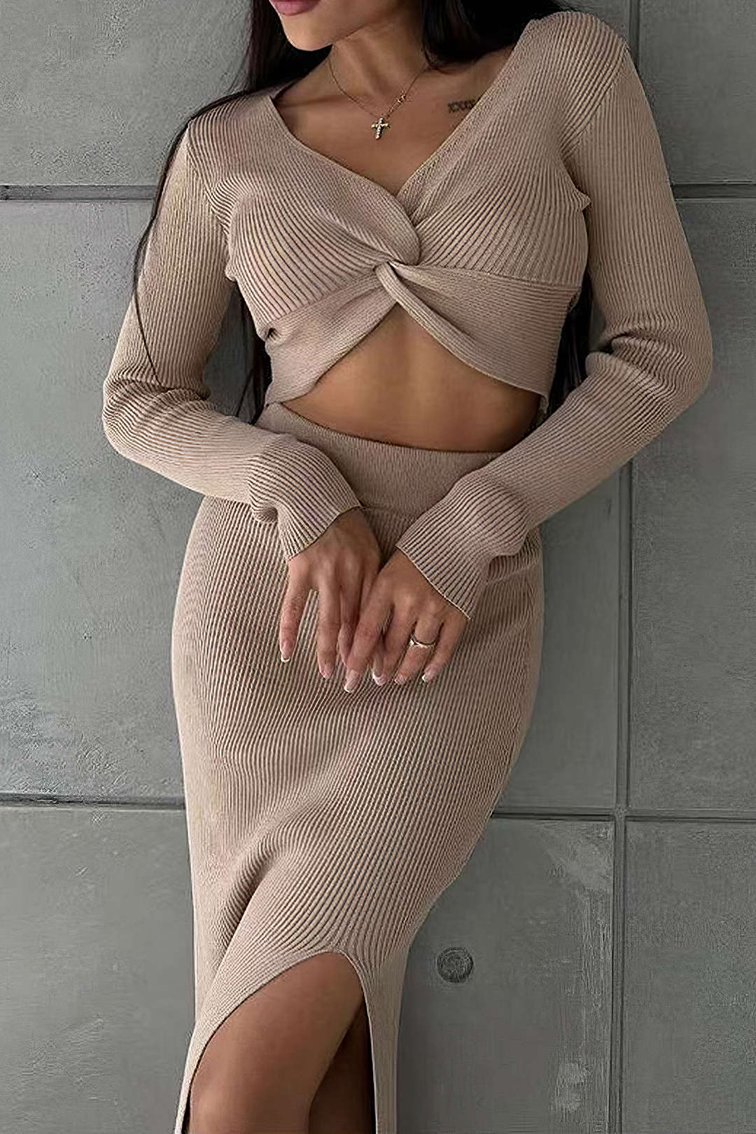 Twist Knot V-Neck Long-Sleeve Top And Side Slit Skirt Set