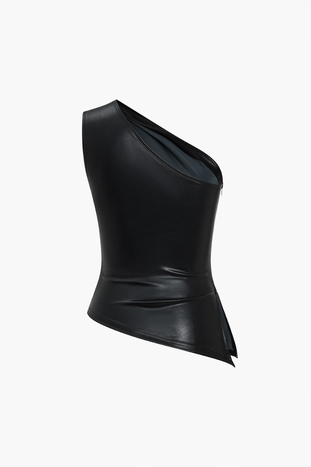 Solid Faux Leather Zipper Asymmetrical Tank Top