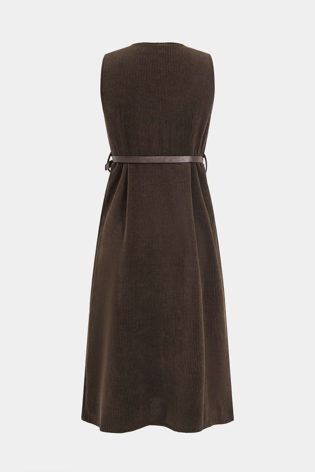 Button V-Neck Belted Long Sleeve Corduroy Maxi Dress