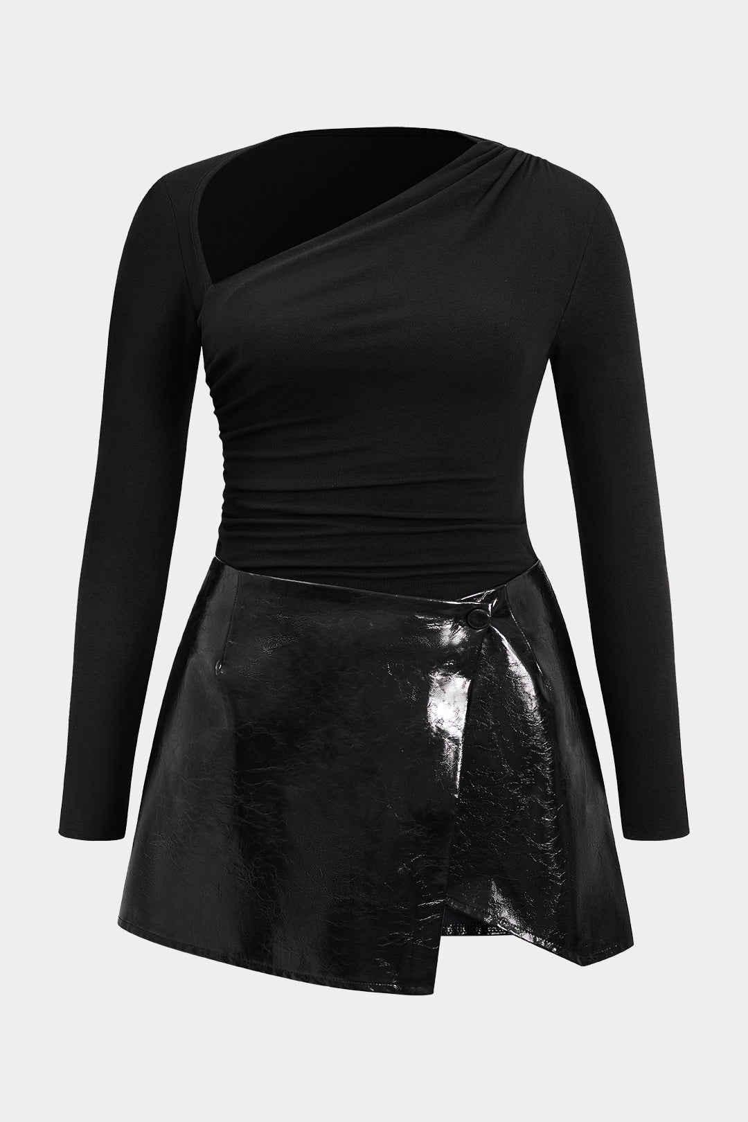 Plus Size Faux Leather Patchwork Long Sleeve Mini Dress