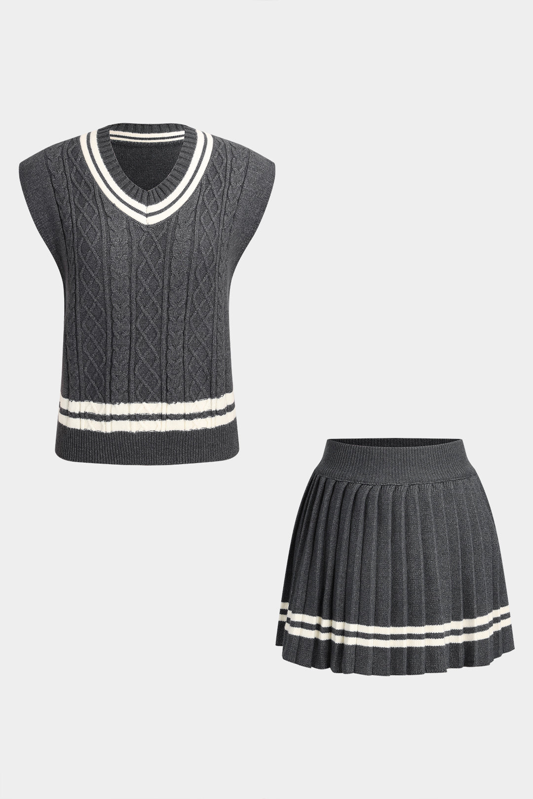 Knit Contrast Color Short Sleeve Top And Pleated Skirt Set