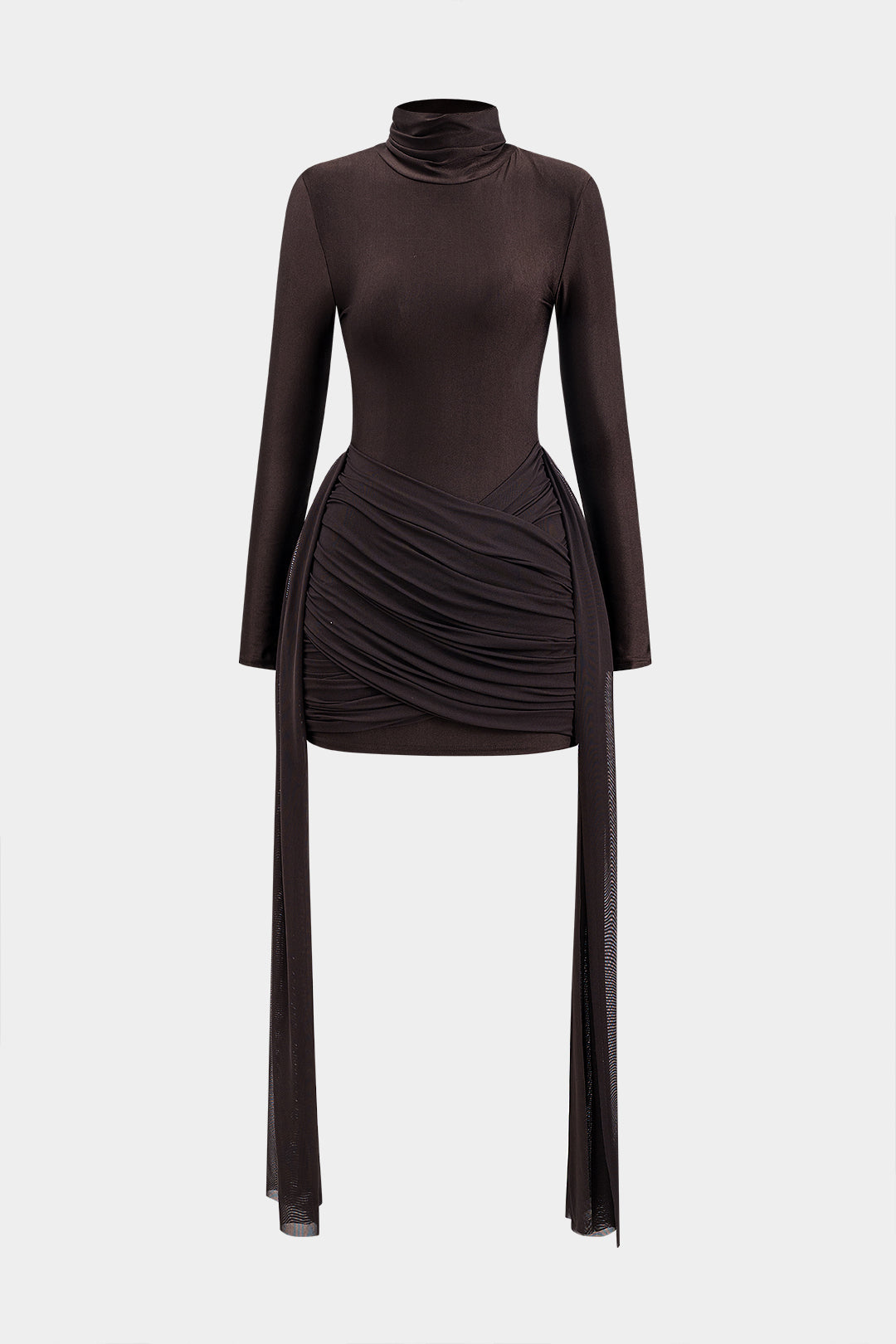 Mesh Ruched Mock Neck Long Sleeve Mini Dress