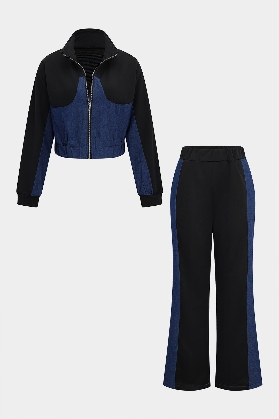 Denim Zipper Patchwork Jacket And Trousers Set