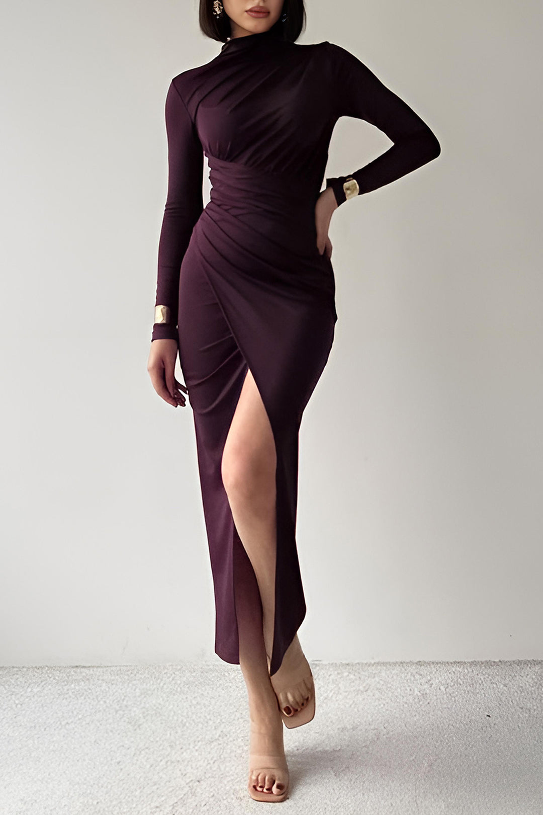 Solid Asymmetrical Ruched Slit Long-Sleeve Maxi Dress