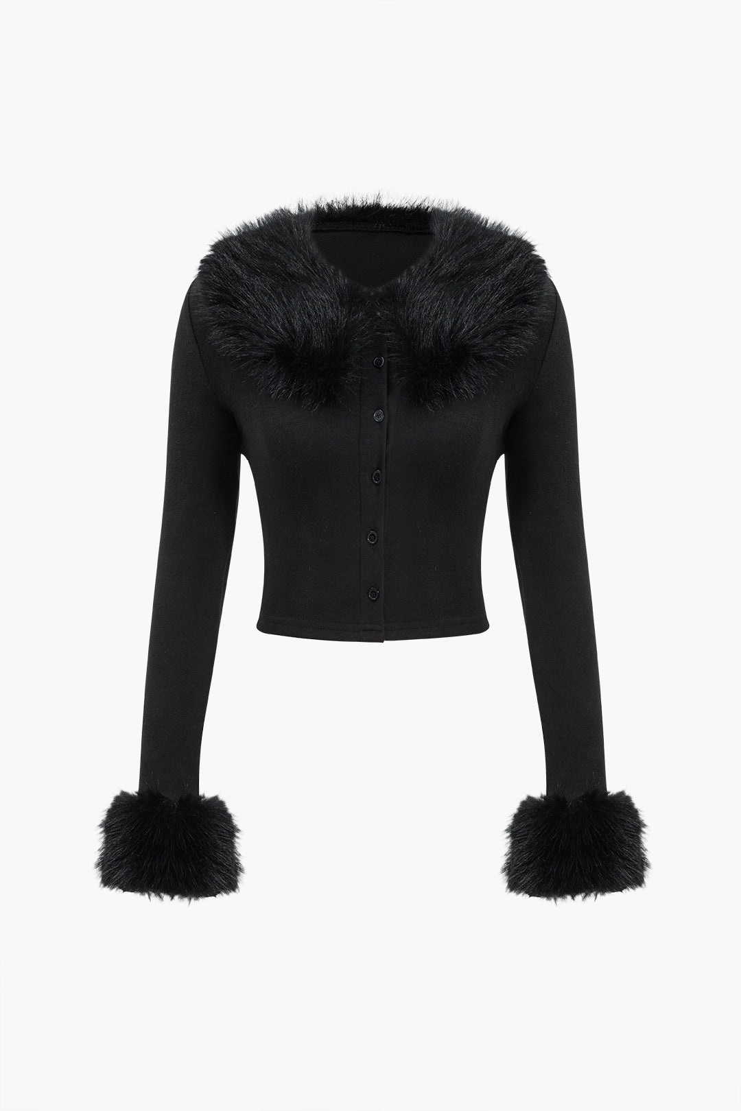 Faux Fur Collar Button Long-Sleeve Top