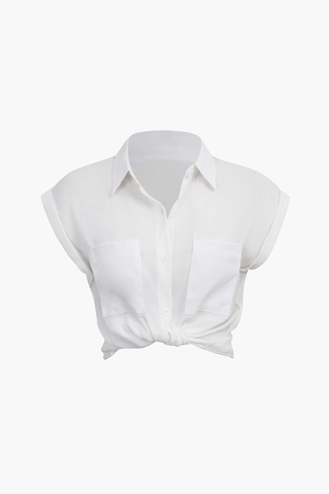 Basic Rolled Cuff Knotted Hem Shirt