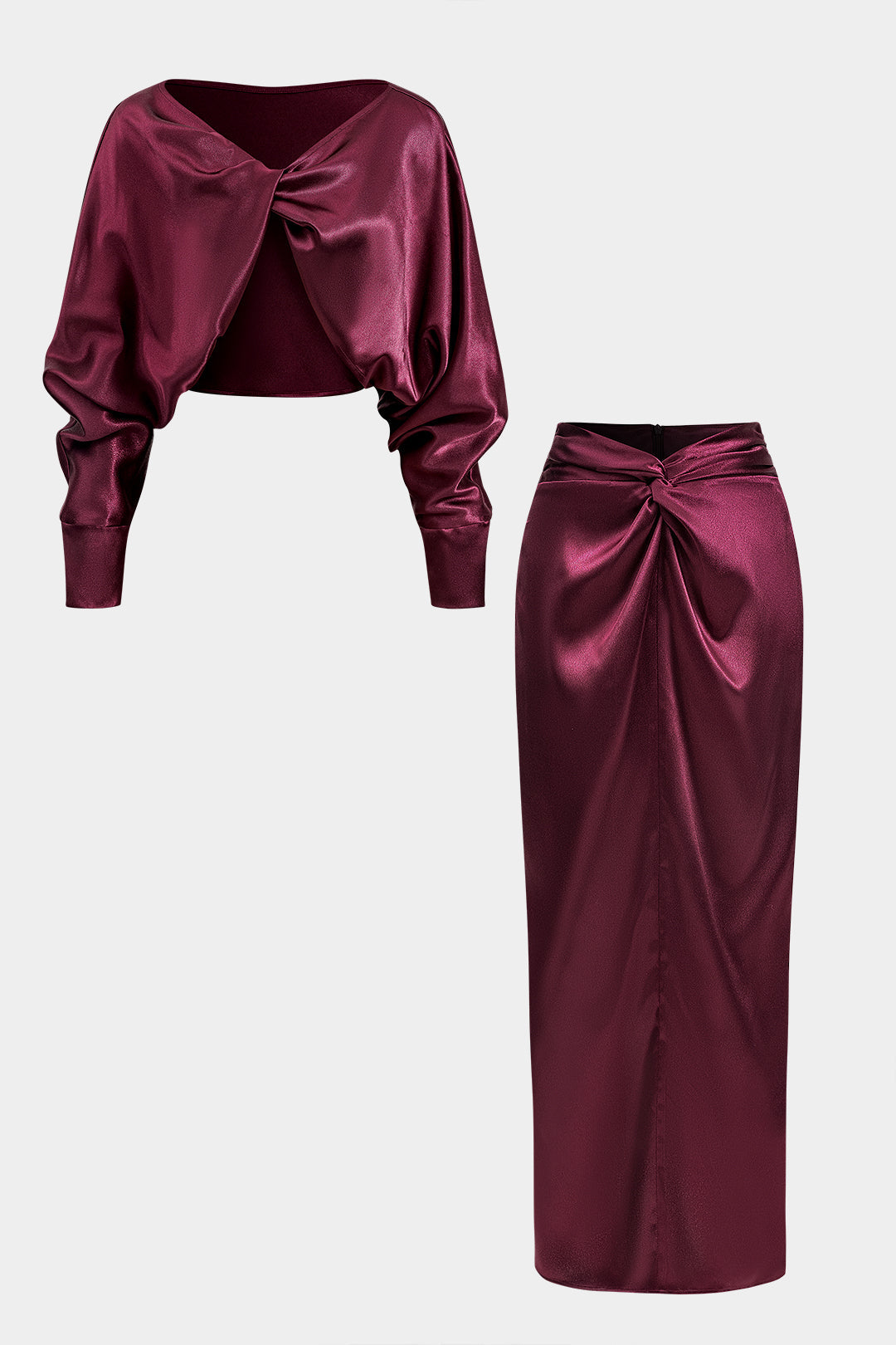 Satin Twist Knot Long Sleeve Top And Skirt Set