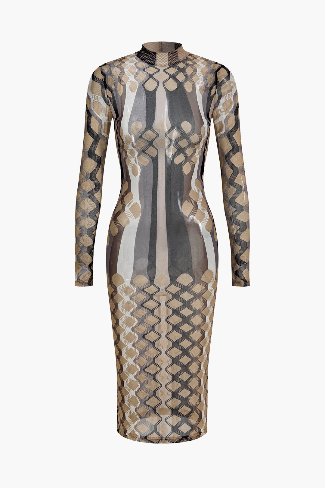 Geometric Print Sheer Mesh Long Sleeve Midi Dress