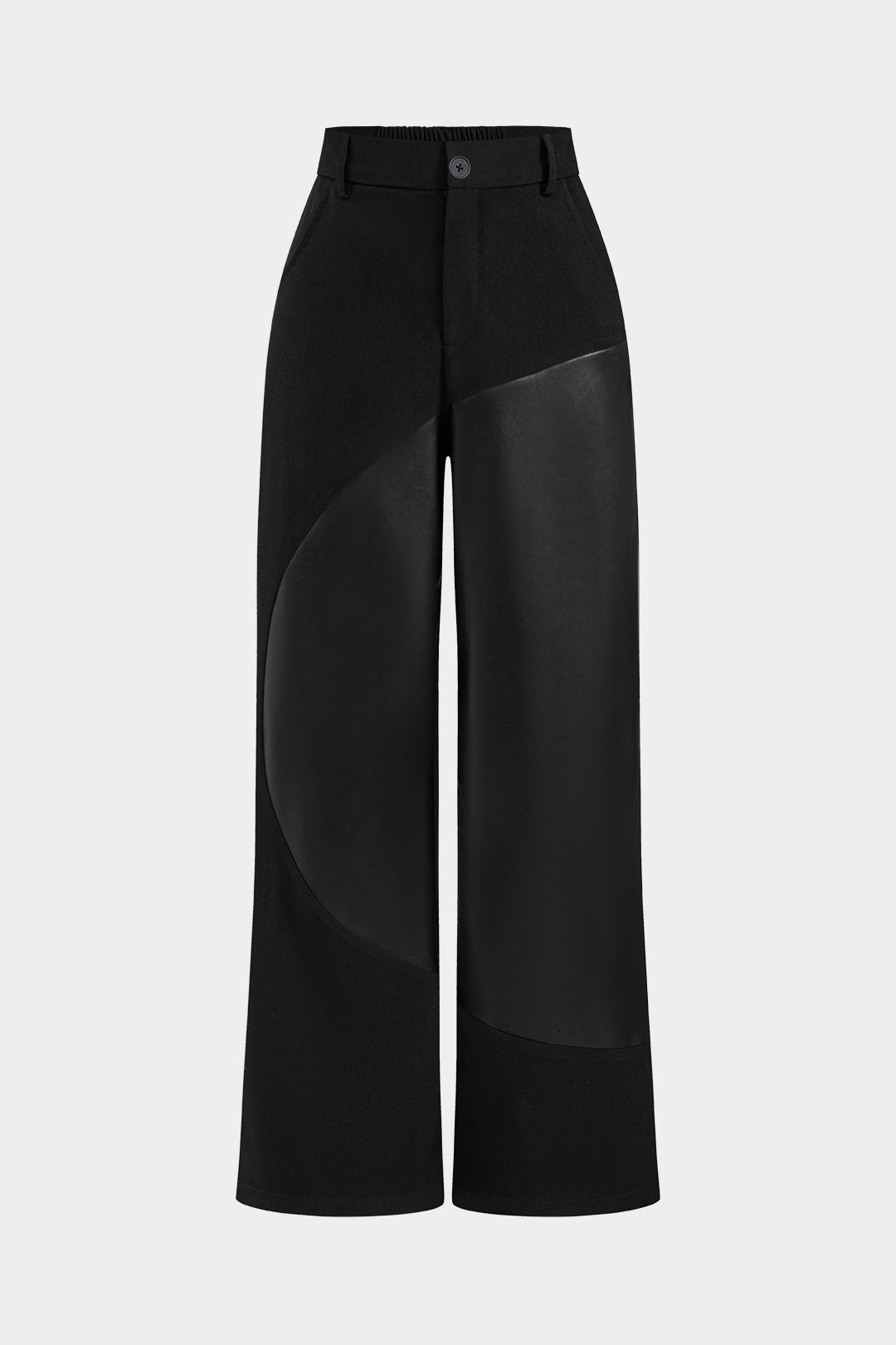 Faux Leather Patchwork Ruched Button Zipper High Waist Trousers