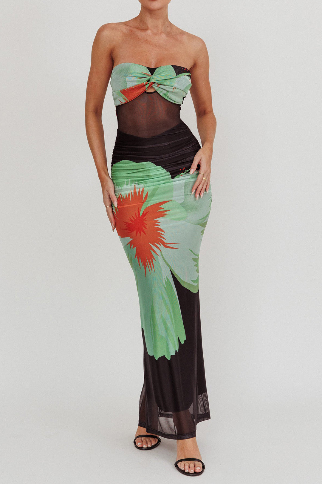 Floral Print Ruched Zipper Strapless Maxi Dress