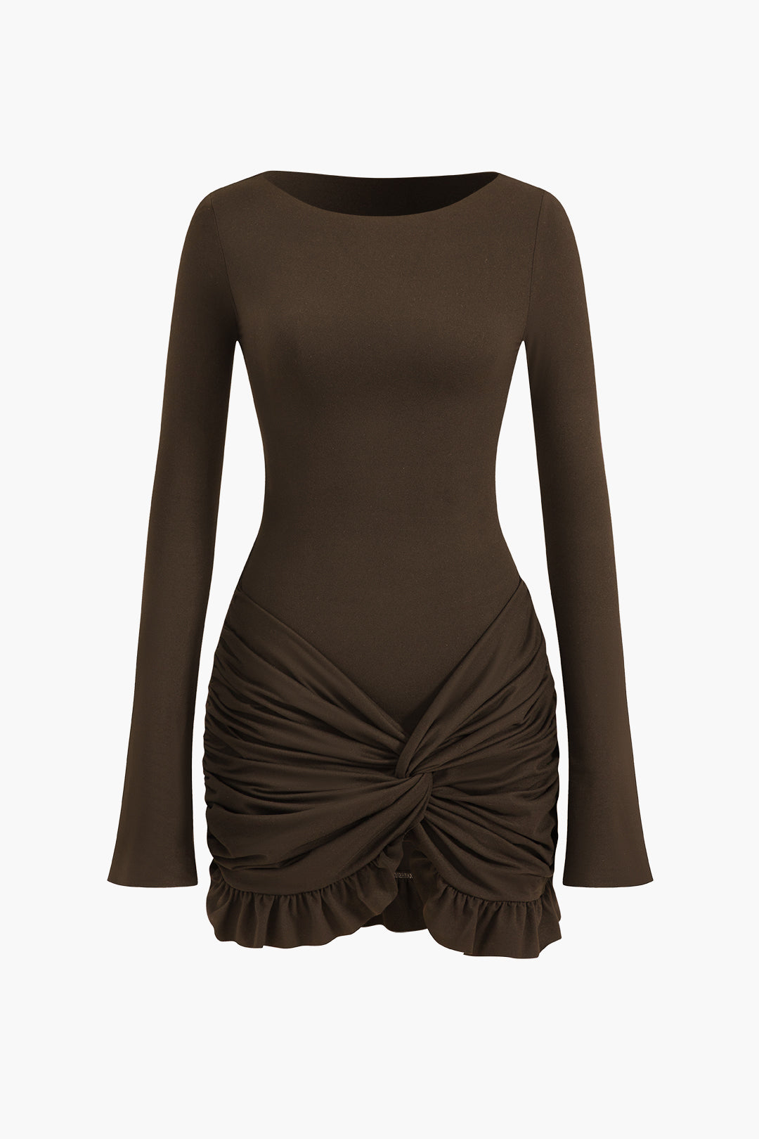 Solid Ruffle Ruched Twist Long Sleeve Mini Dress