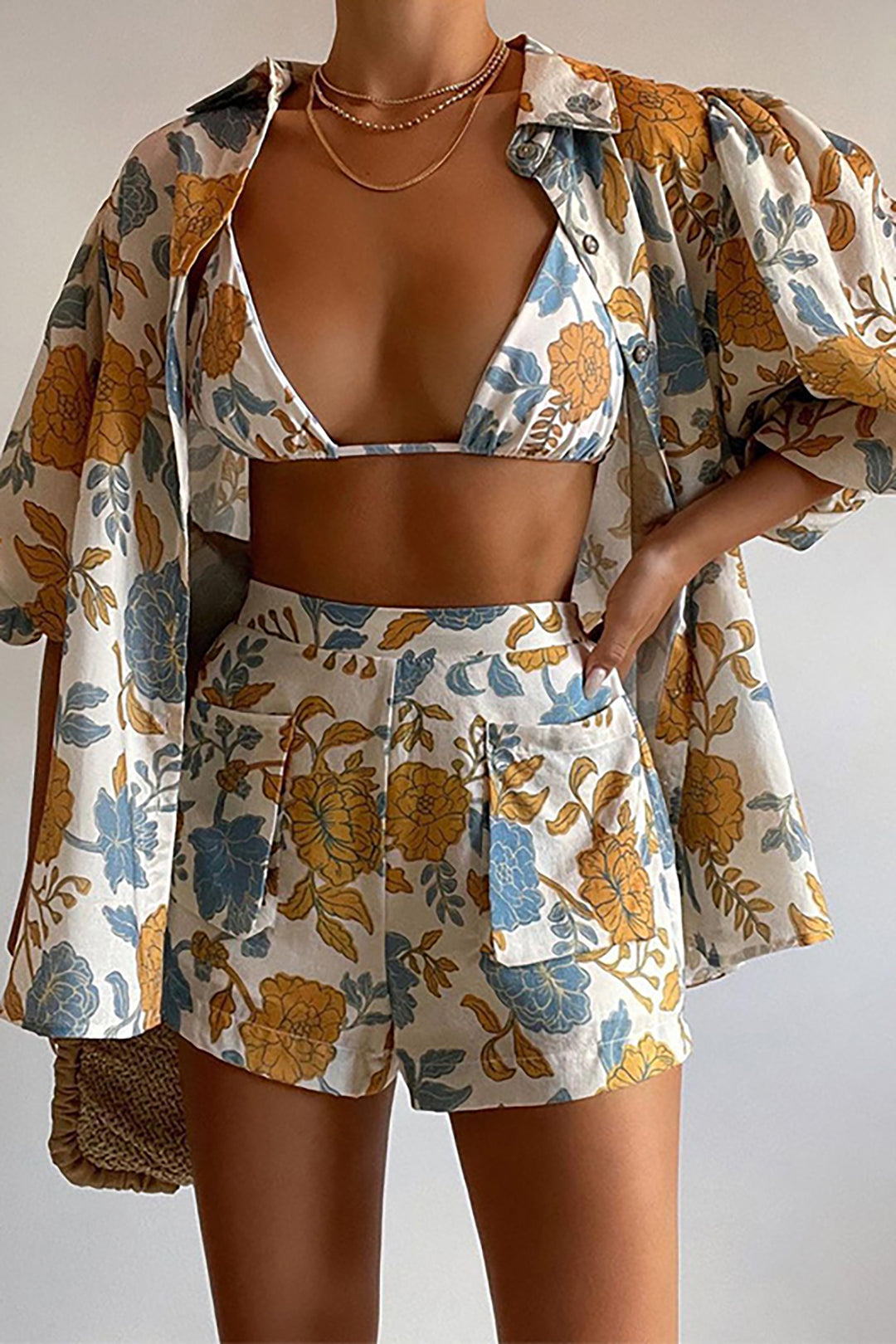 Floral Bra Top And Pocket Shorts And Shirt 3PC Set