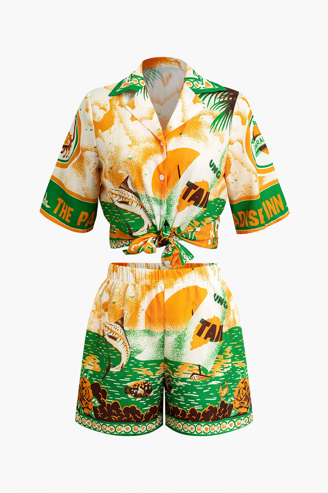 Summer Beach Print Tie-Front Shirt And Shorts Set