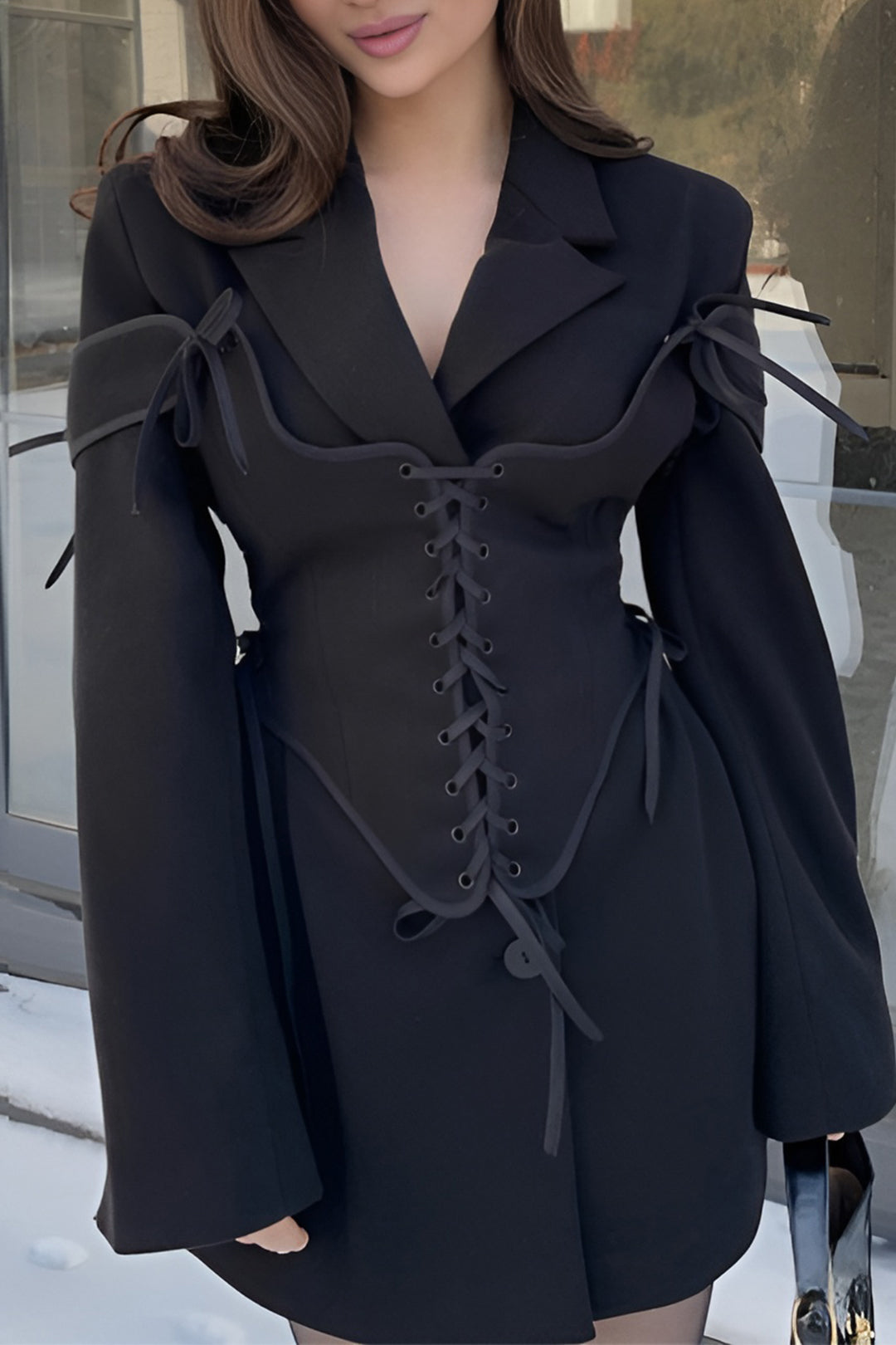 Bow Long Sleeve Dress And Corset Set