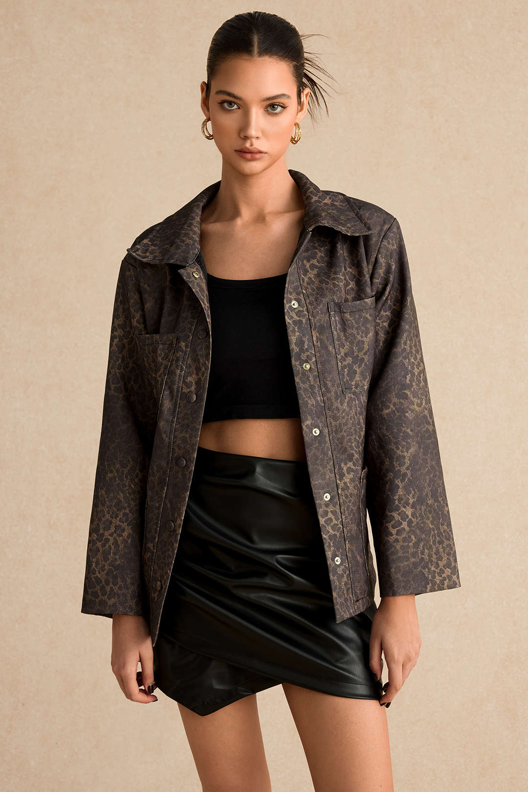 Leopard Print Pocket Button Belted Jacket