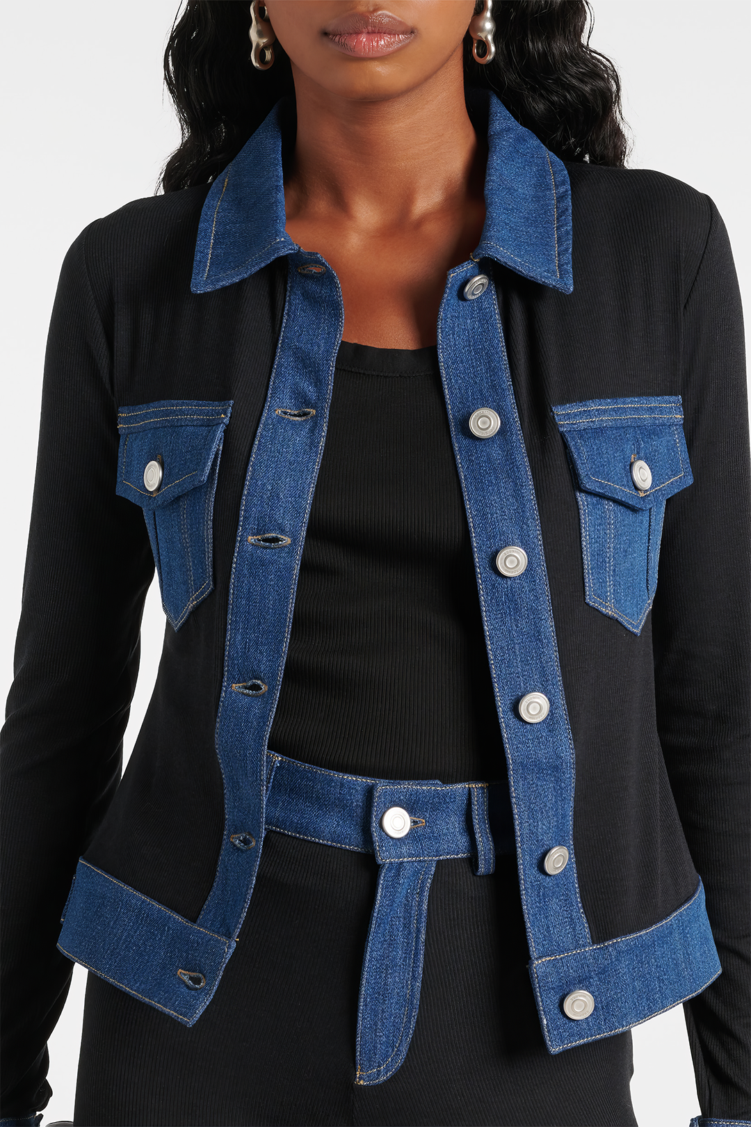 Denim Button Patchwork Pocket Long-Sleeve Top