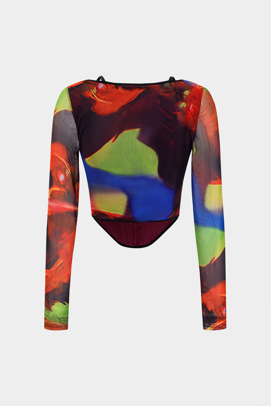 Abstract Print Mesh Patchwork Corset Long-Sleeve Top