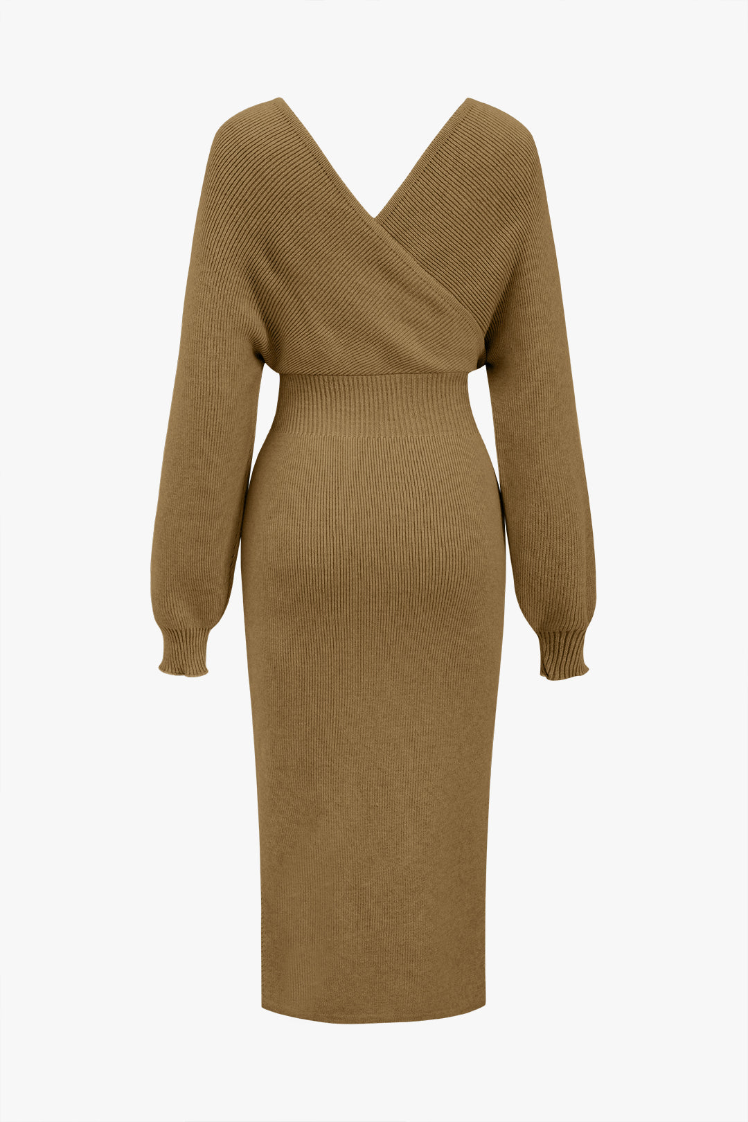 Knit Long Sleeve V-Neck Slit Dress