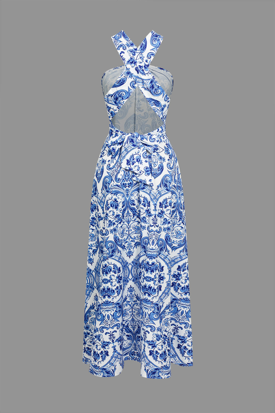 Baroque Print Cross Cut Out Maxi Dress