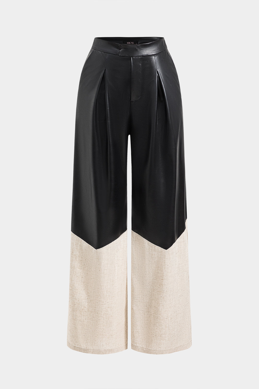 Faux Leather Linen High Waist Patchwork Trousers