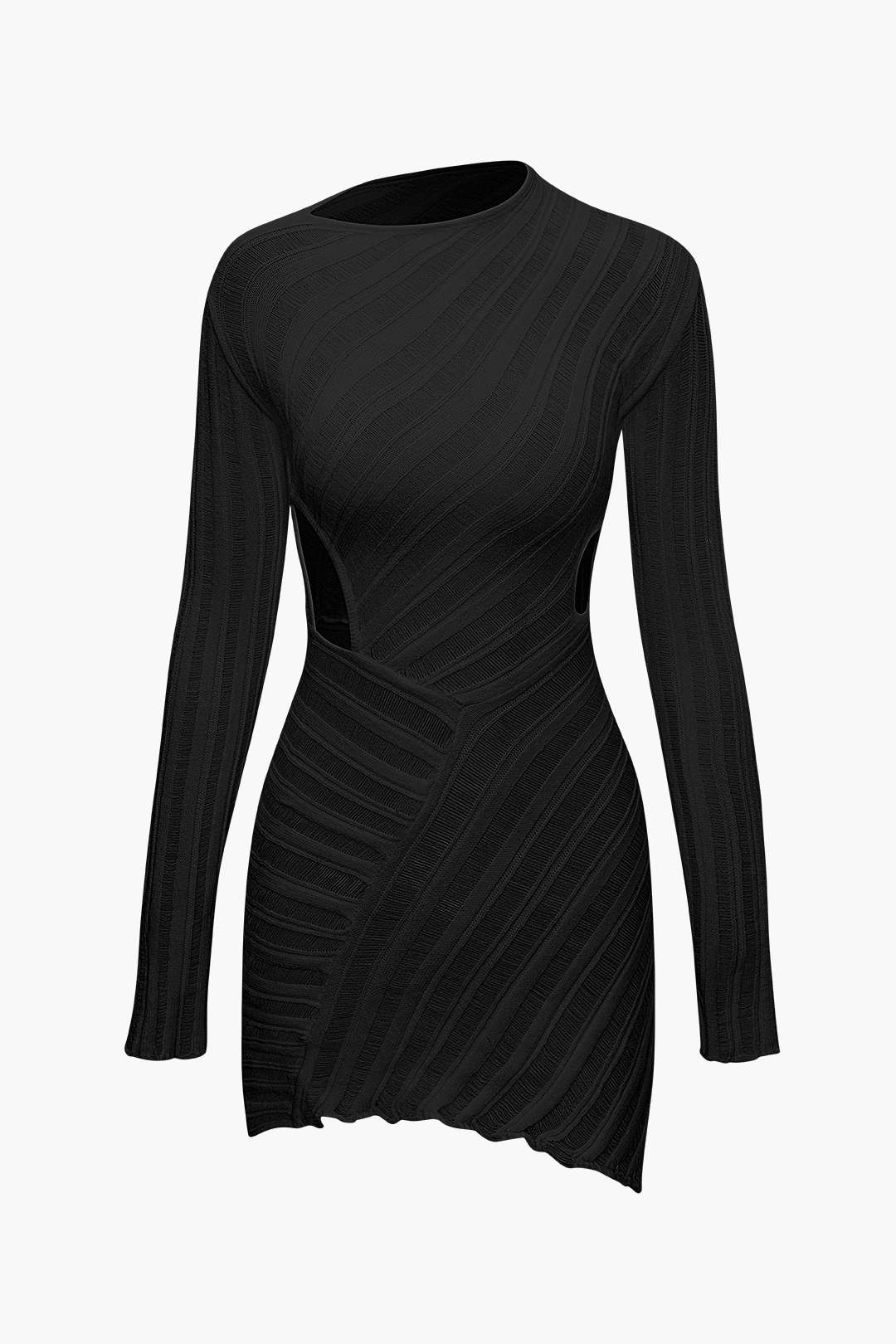 Asymmetrical Ripped Cut Out Knit Long Sleeve Mini Dress