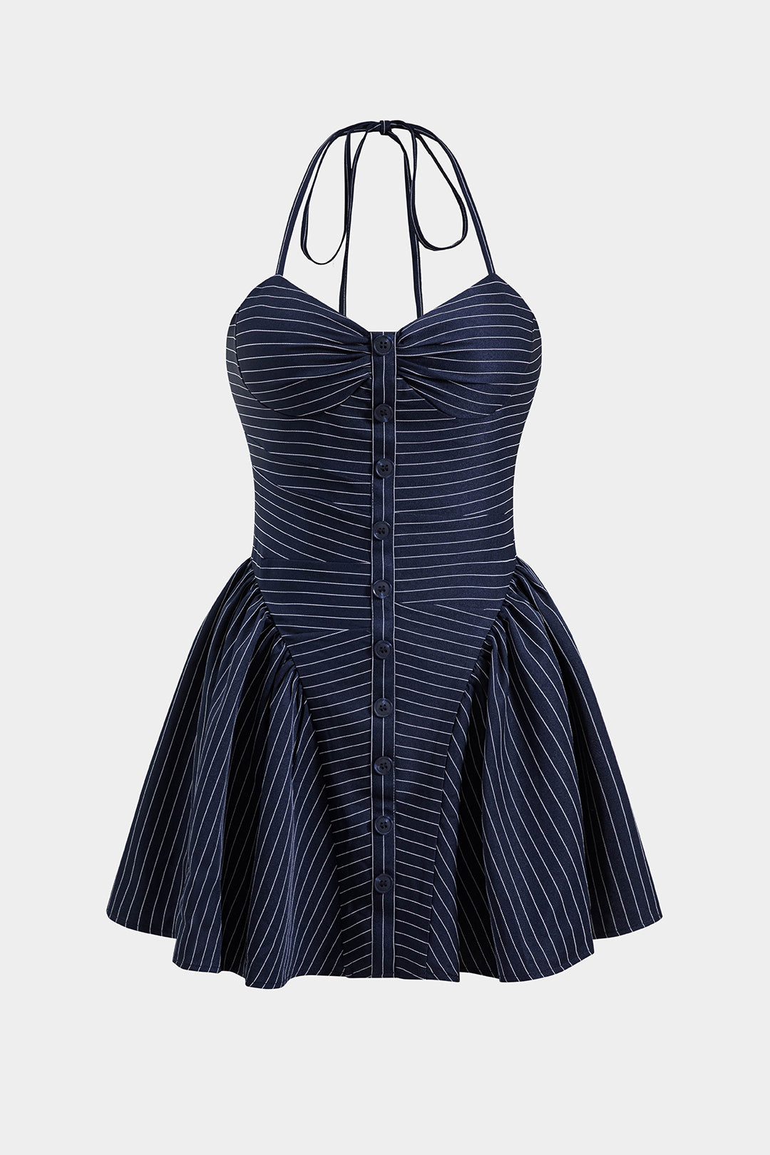 Stripes Button Halter Neck Backless Mini Dress