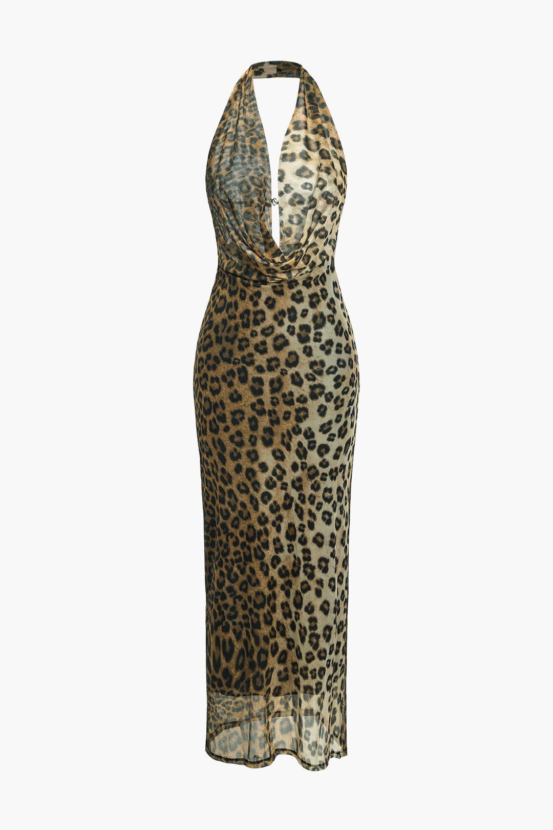 Leopard Print Mesh Cowl Neck Backless Maxi Dress