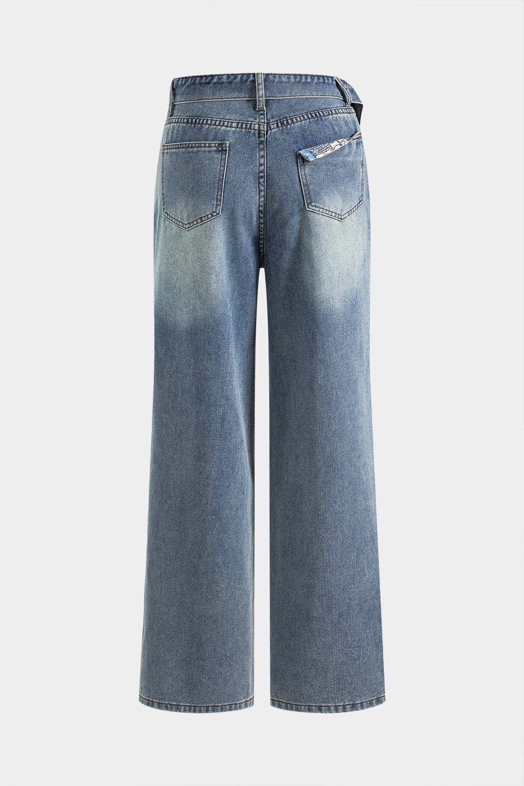 Denim Faded Double Waistband Button Pocket Wide Leg Jeans