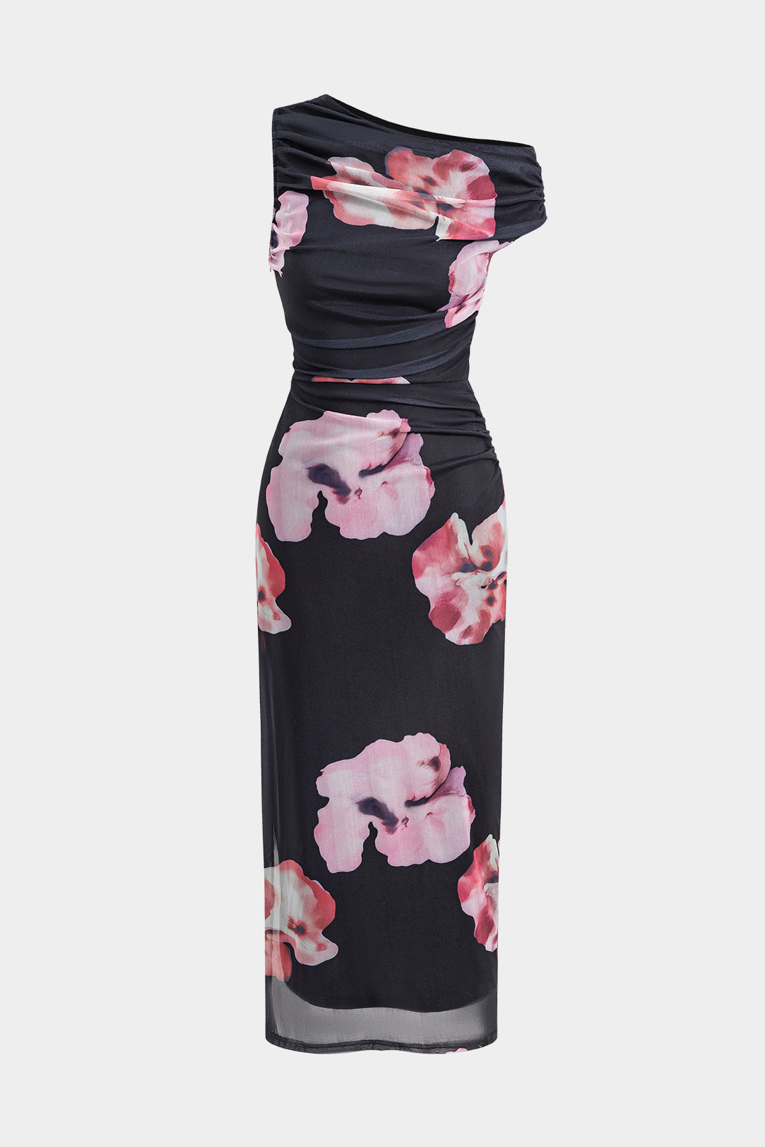 Floral Print Mesh Ruched Asymmetry Neck Midi Dress