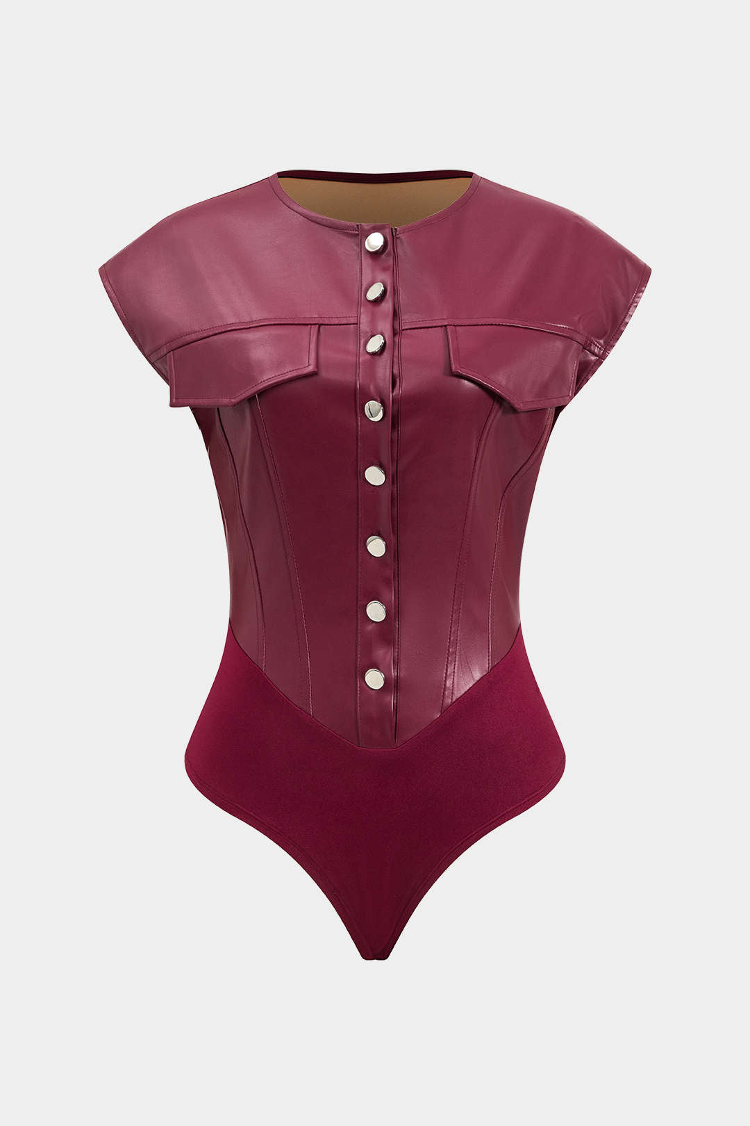 Faux Leather Button Fake Pocket Corset Bodysuit