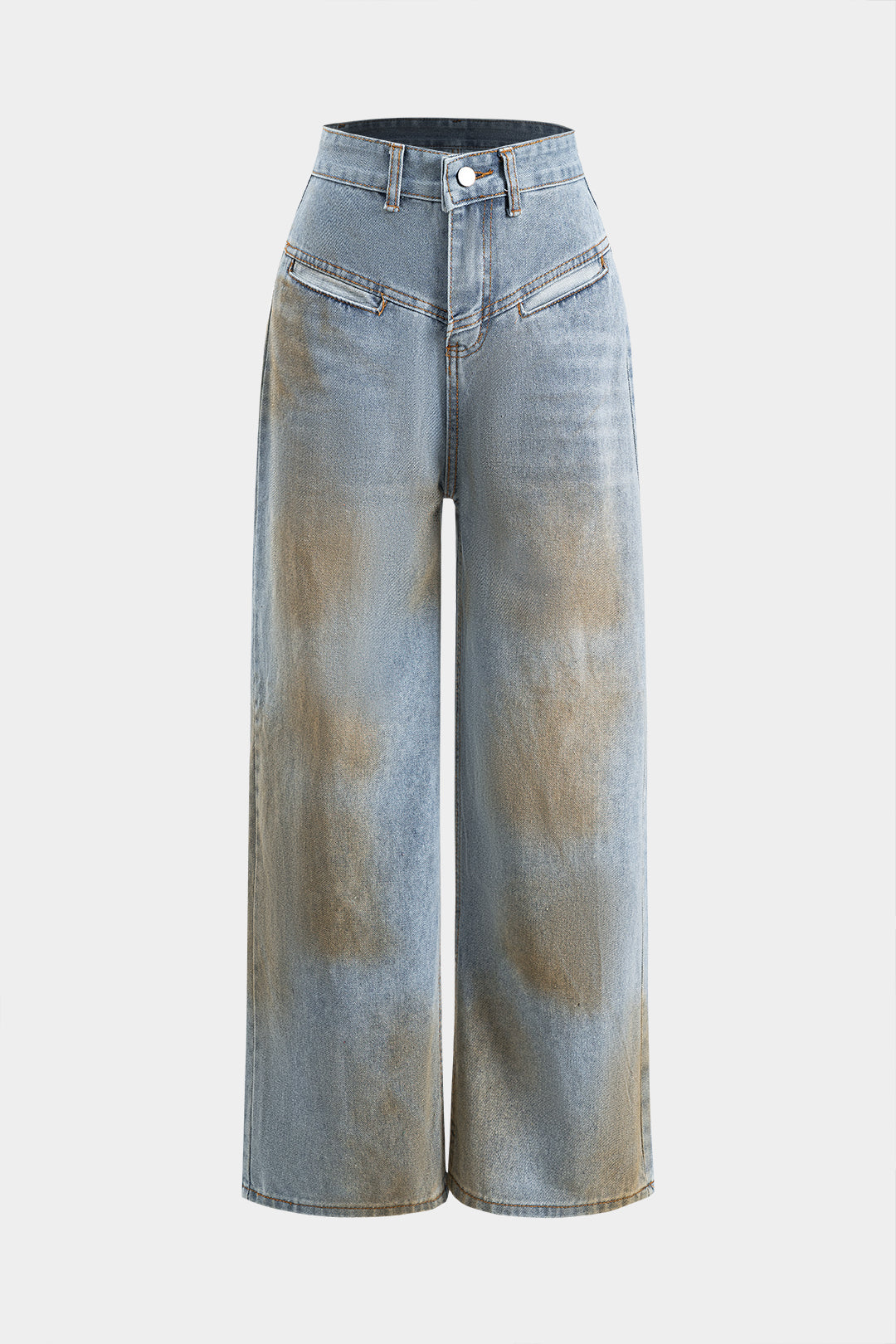 Dirty Denim Pocket Button Washed Wide Leg Jeans