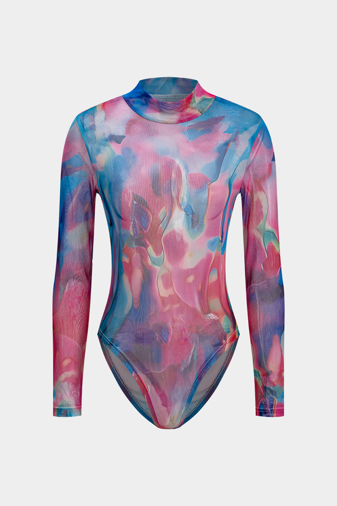 Tie Dye Print Mesh Long Sleeve Sheer Bodysuit