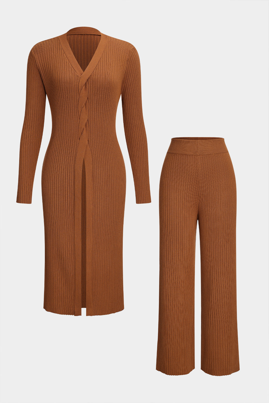 Knit Crossed V-Neck Long-Sleeve Top And Trousers Set