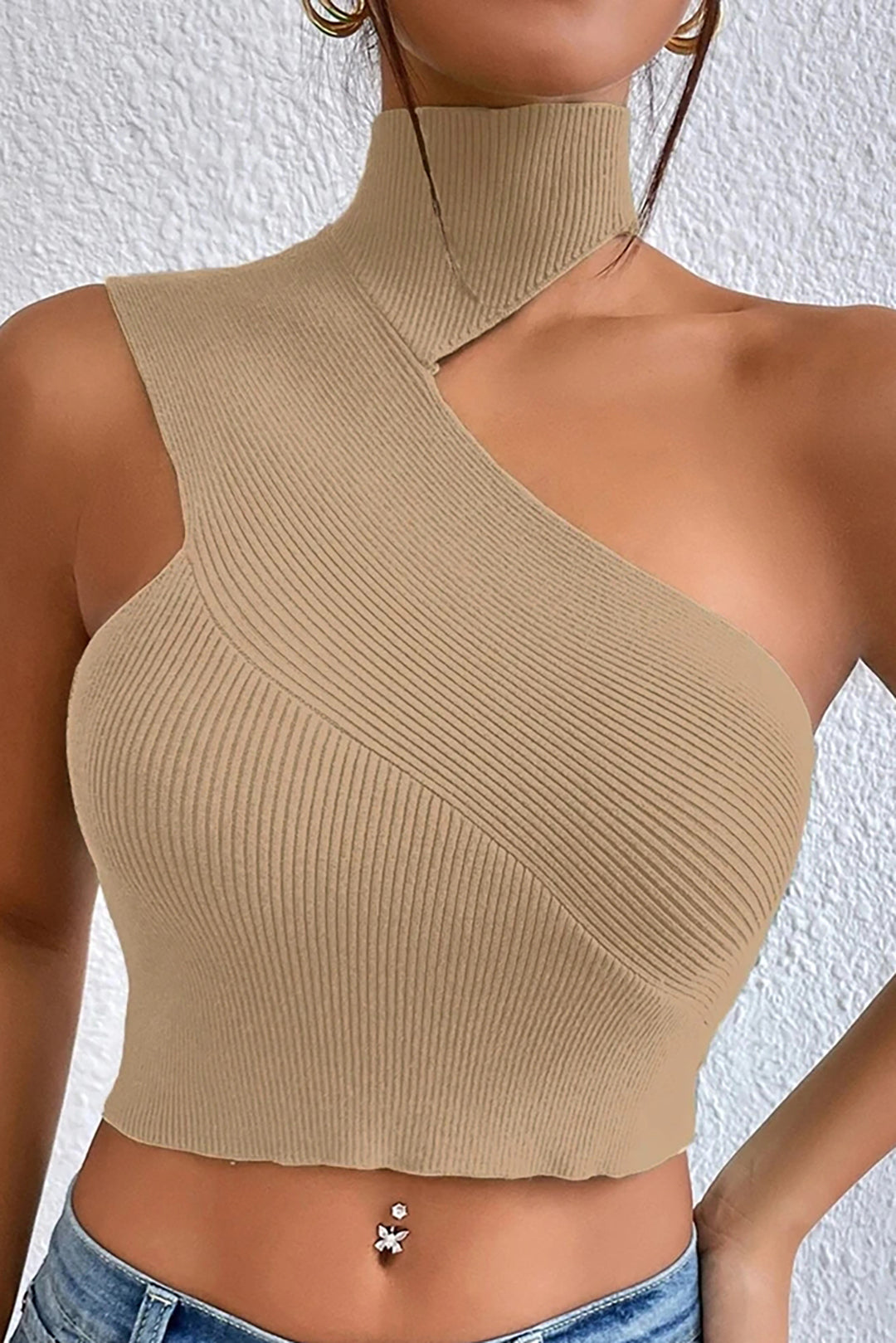 Solid Knit Asymmetrical Mock Neck Tank Top