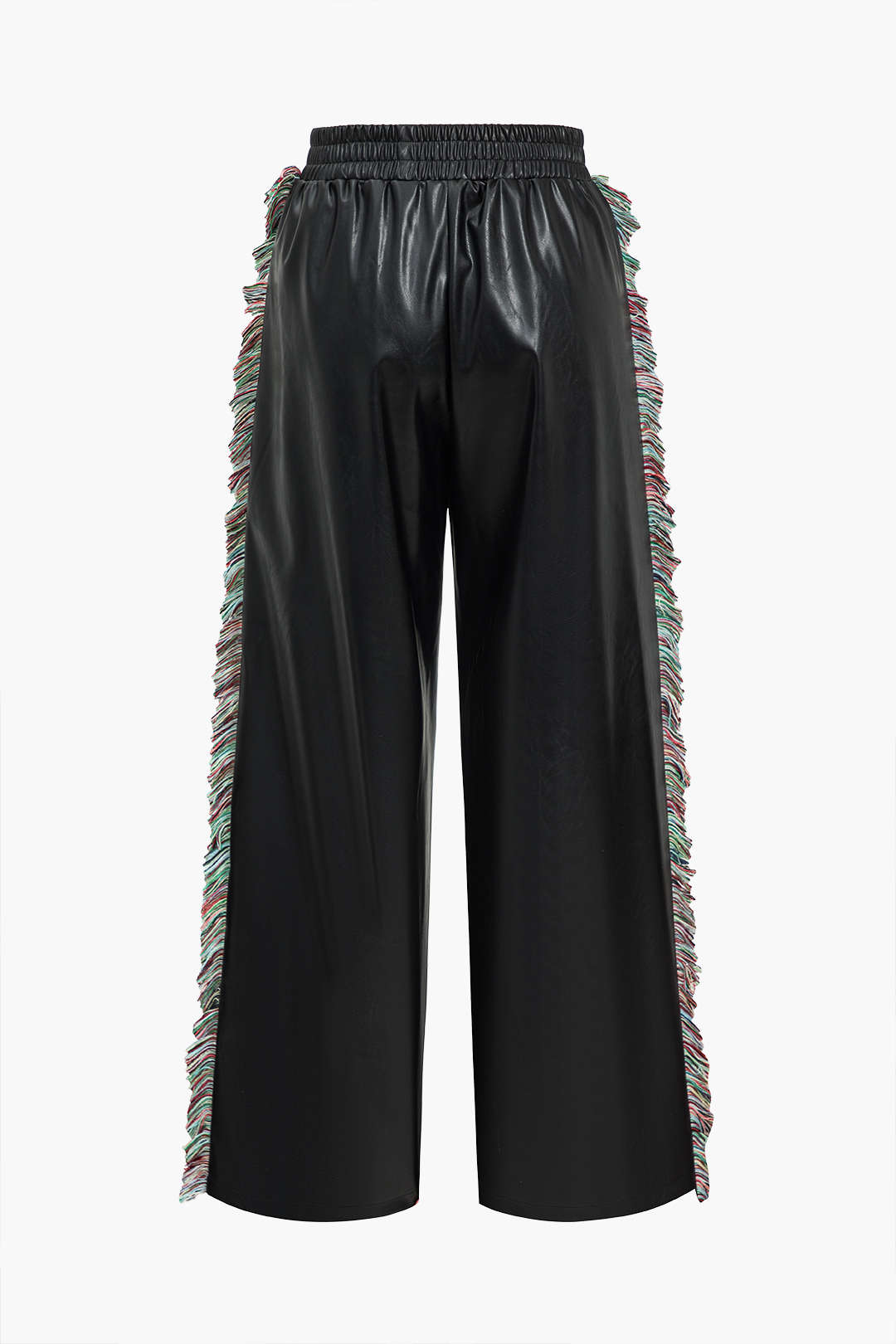 Solid Faux Leather Trousers With Fringe