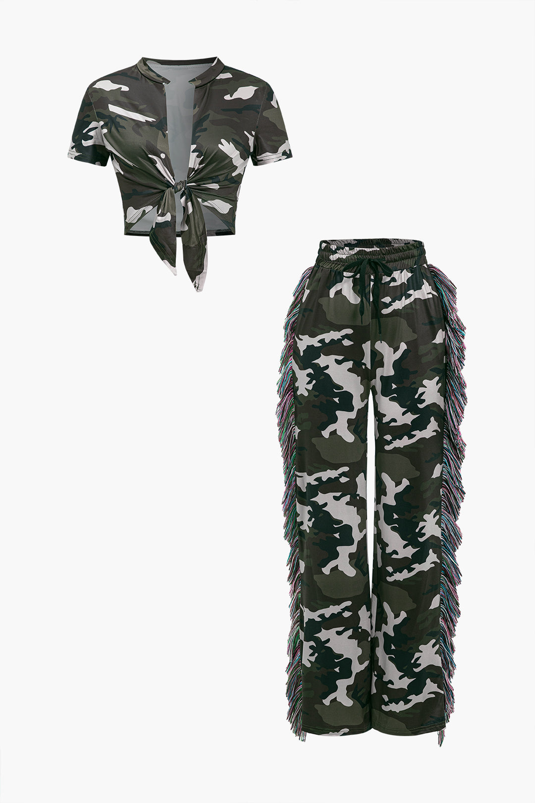 Camo Print Fringe Pocket Top And Trouser Set