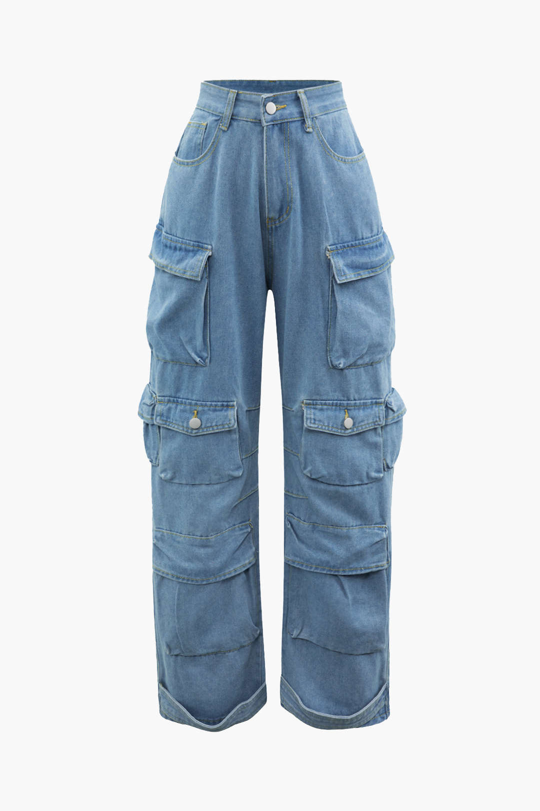 Multi Pocket Rolled Hem Wide Leg Cargo Jeans