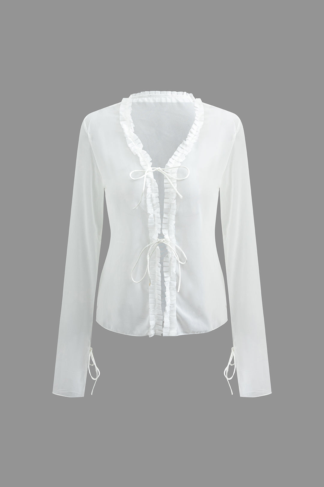 Mesh Ruffle Tie Front Long-Sleeve Shirt