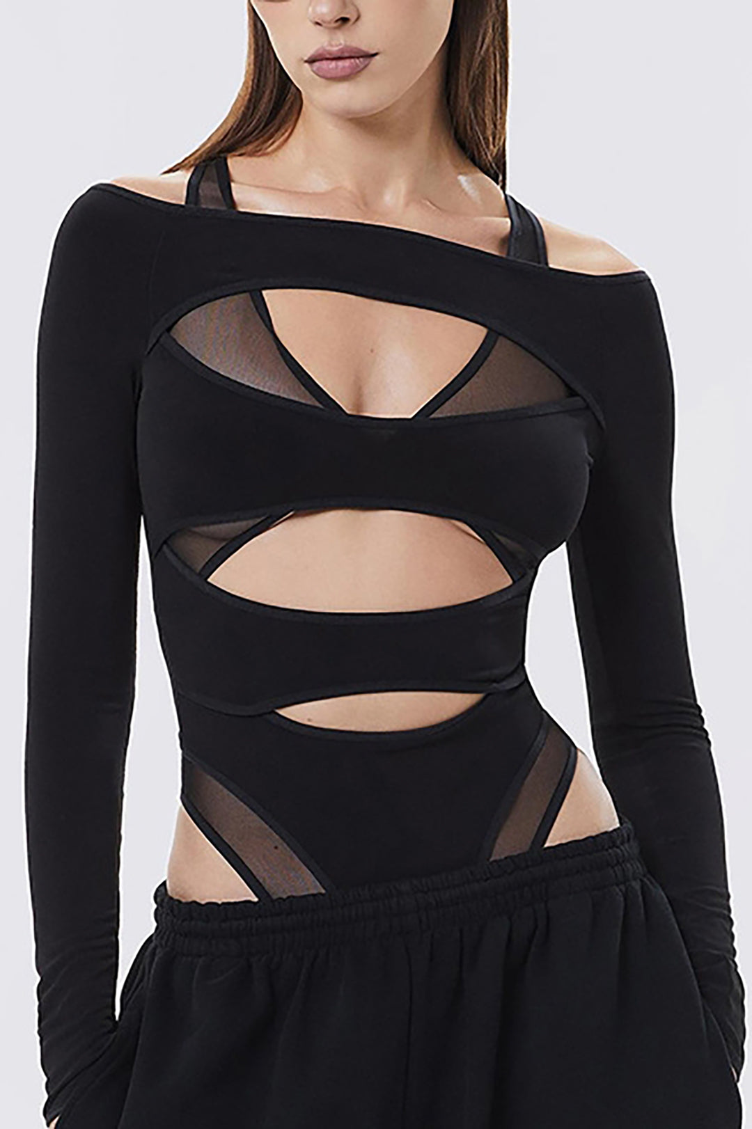 Solid Crossed Cut Out Sheer Bodysuit