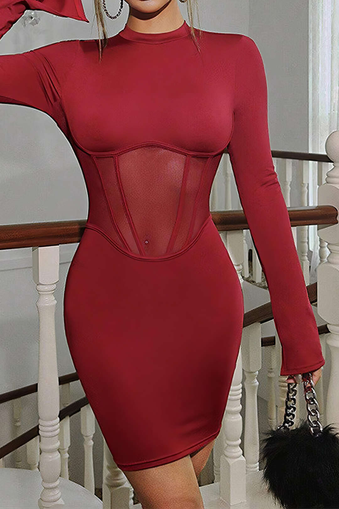 Backless Corset Long Sleeve Midi Dress