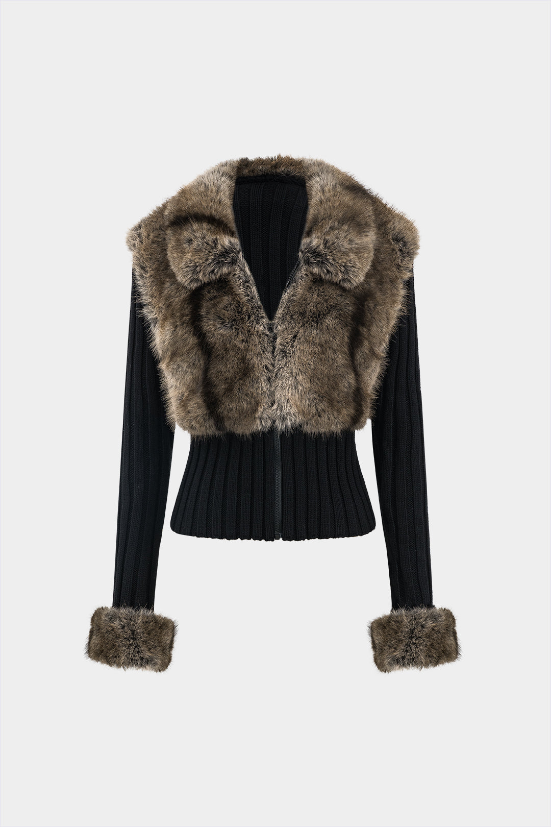 Knit Patchwork Faux Fur Collar Long-Sleeve Cardigan