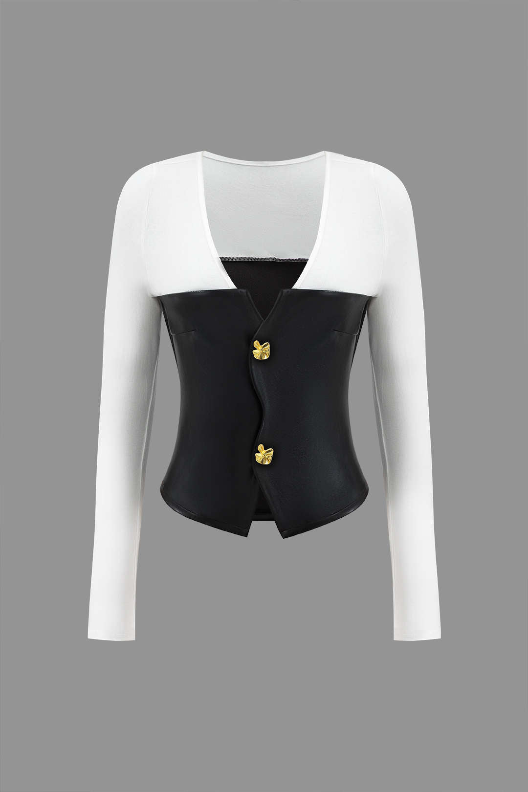 Faux Leather Patchwork Metallic Button Long-Sleeve Top