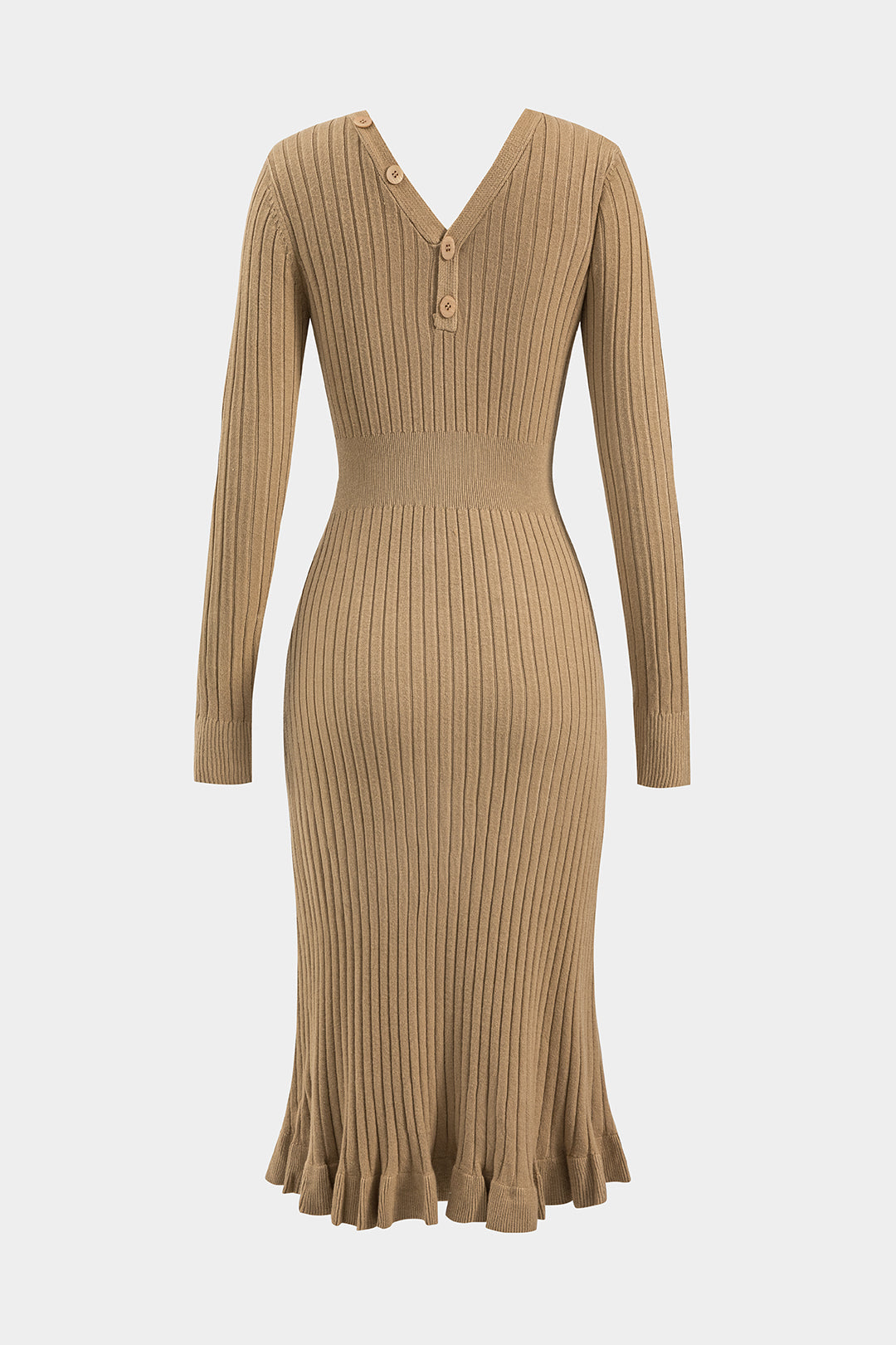 Knit Button V-Neck Long Sleeve Dress