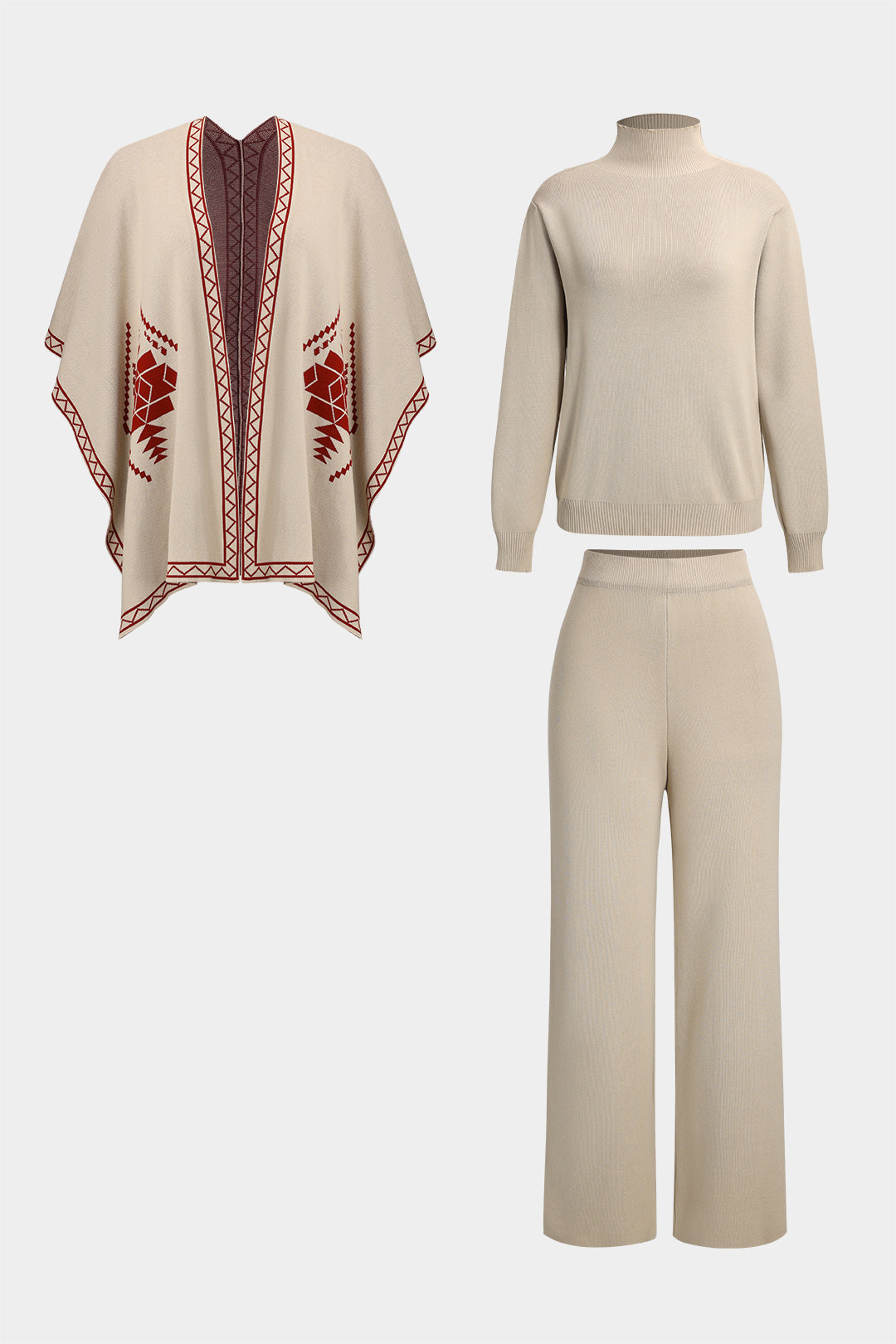 Knit Cape And Mock Neck Long Sleeve Top And Wide Leg Trousers Set