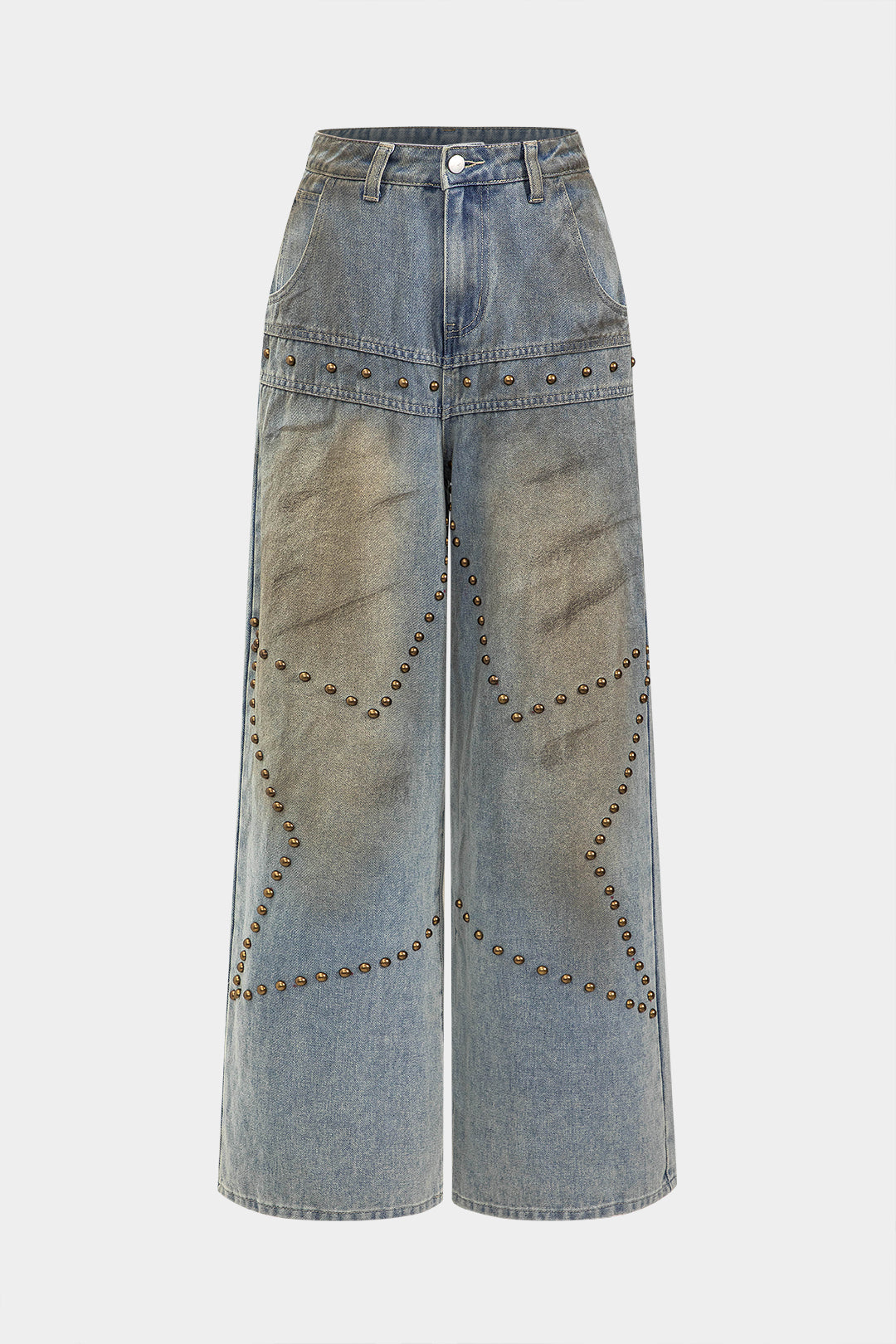 Denim Metallic Star Shape Rivet Pocket Button Wide Leg Jeans