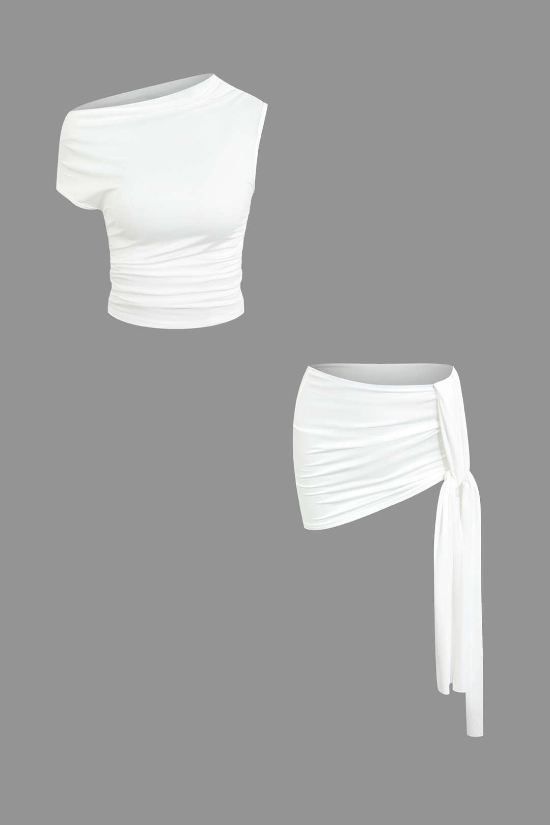 Basic Asymmetrical Ruched Crop Top And Tie Mini Skirt Set