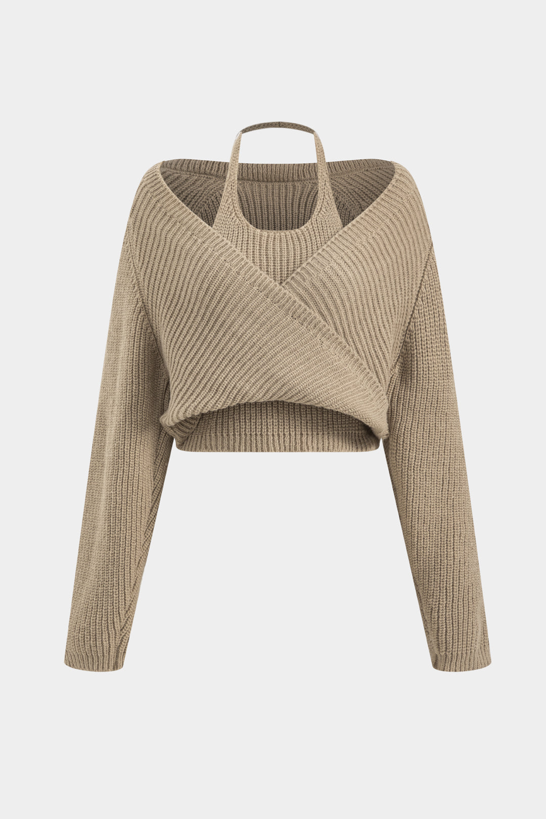 Knitted Crossed Halter Neck Long-Sleeve Top