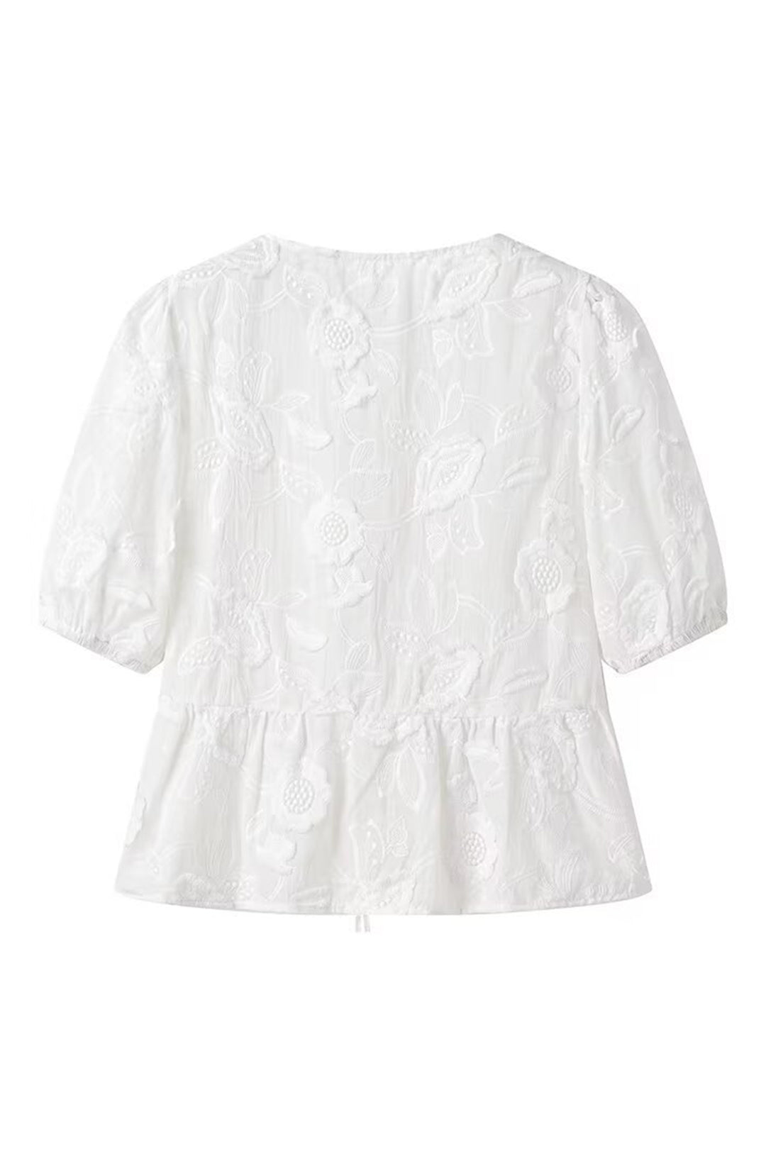 Solid Bow Embroidery Tie-Up Short-Sleeve Shirt