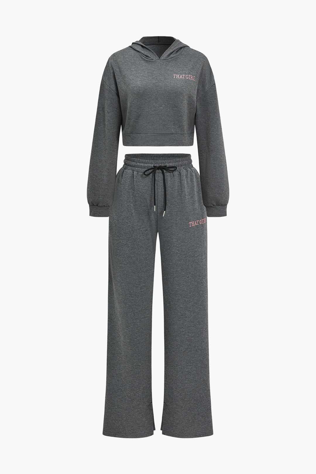 Letter Embroidery Hooded Top And Tie-Up Trousers Set